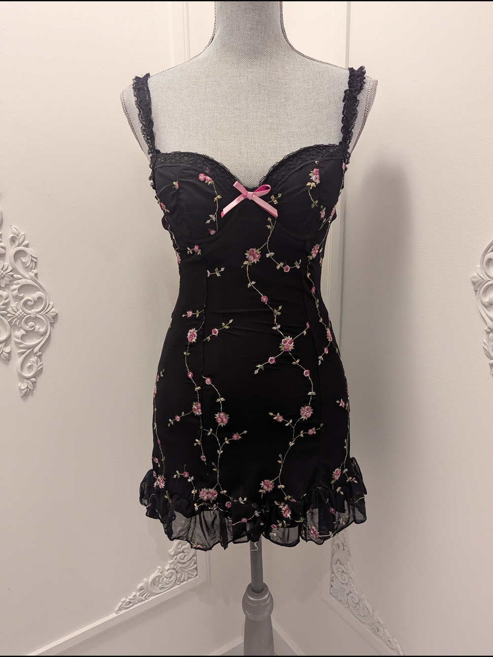 Sugar Thrillz Black Mini Dress with Pink Floral Embroidery